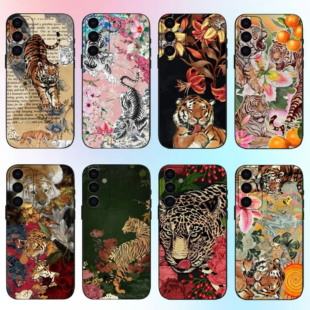 

Vintage rose & tiger pattern Phone Case For Samsung Galaxy A73,A72,A71,A70,A53,A52,A51,Others Soft Black Cover