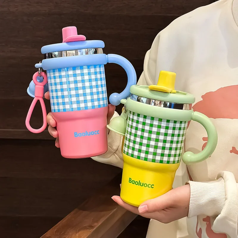 High Aesthetic Coffee Thermal Cup New 2024 Double Drinking Water Cup Women's Large Capacity Handle With Straw Portable Cup