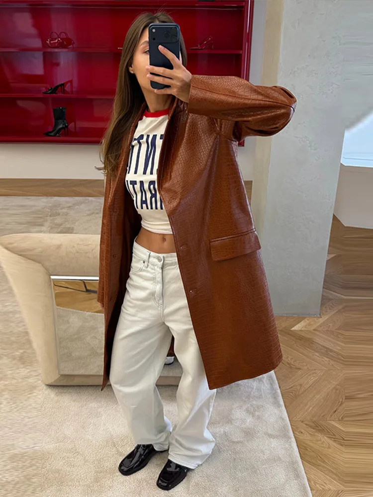 Fashion Loose Solid Pu Leather Coat Women Full Sleeve Lapel Single Breasted Long Coats Female 2026 Autumn Winter Outwear Lady