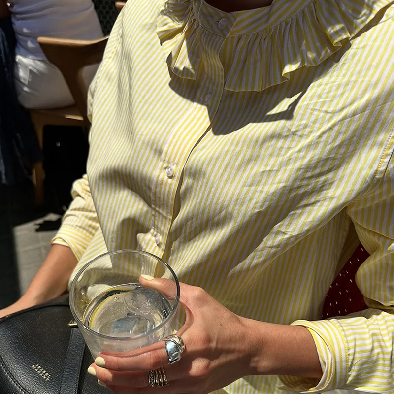 Trendix Ruffle Striped Top For Women's Fall Fashion Long Sleeve Casual Street Cardigan Tops 2025 New Fashion Commuting Shirt