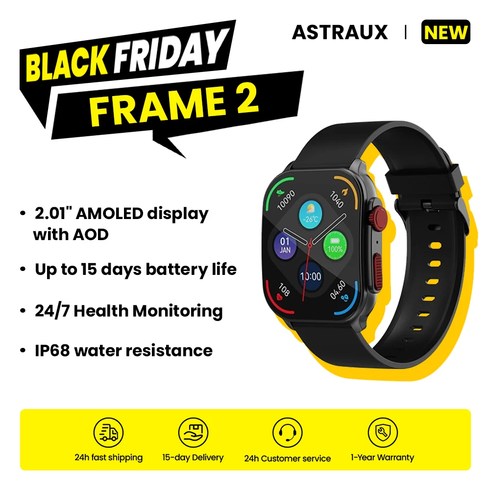 

ASTRAUX Frame 2 Smart Watch 2.01” AMOLED Display Built-in Bluetooth Phone Calls Sports for Men Extended 15-Day Battery Life