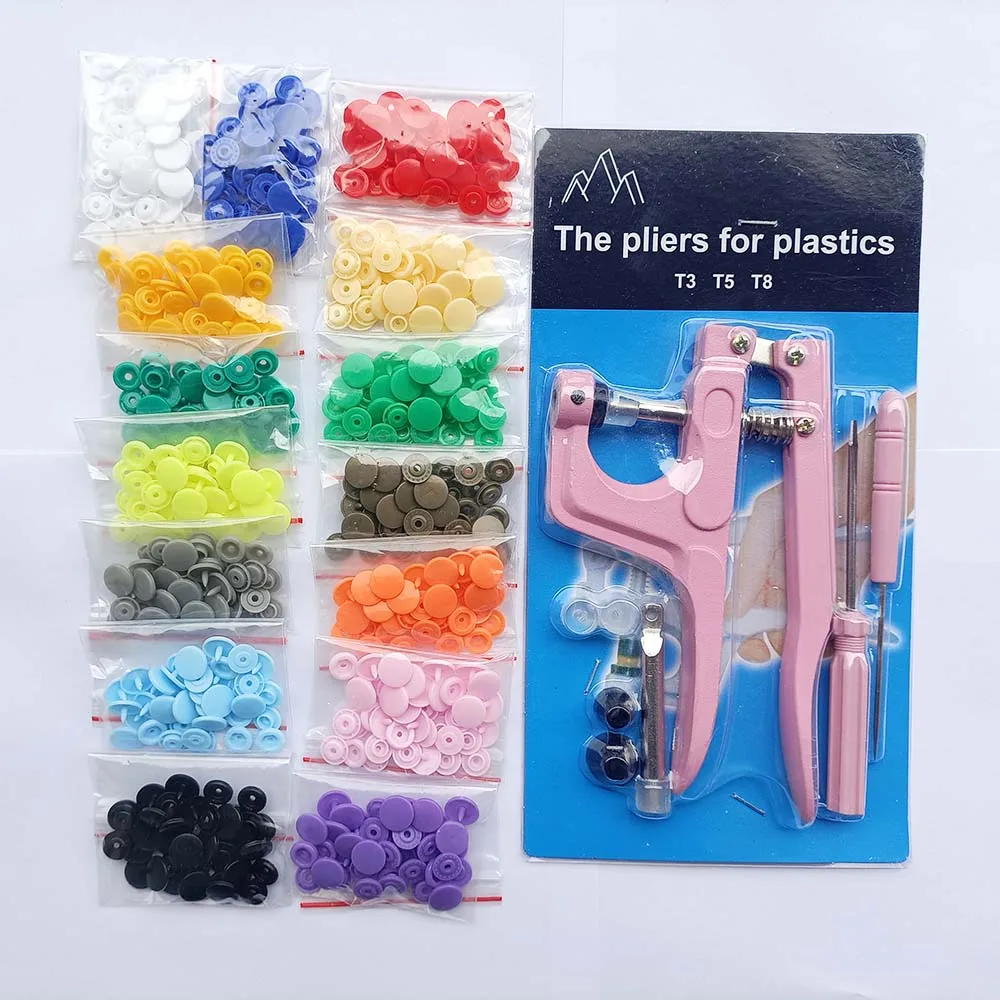 Nowy zestaw 80/150/240/360 T5 12MM Plastikowy zatrzask + zatrzaski Szczypce Zestaw narzędzi do szycia Prasa do ubrań dla dzieci