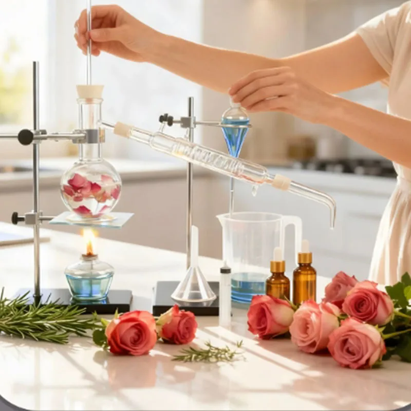 Full Set Distillation Apparatus Essential Oil Extraction Kit Serpentine Condenser Distillation Flask Lab Glassware for Hydrosol