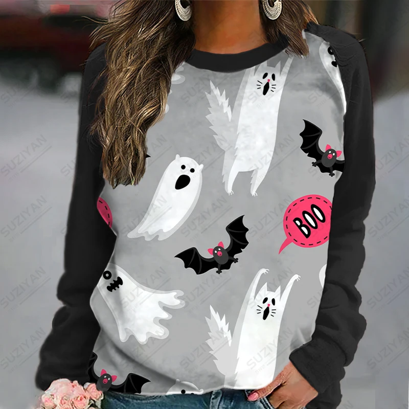 Supply New 2023 Pumpkin Halloween European and American Pictures Customized Long Sleeve Round Neck Long Sleeve Top Women's Cloth