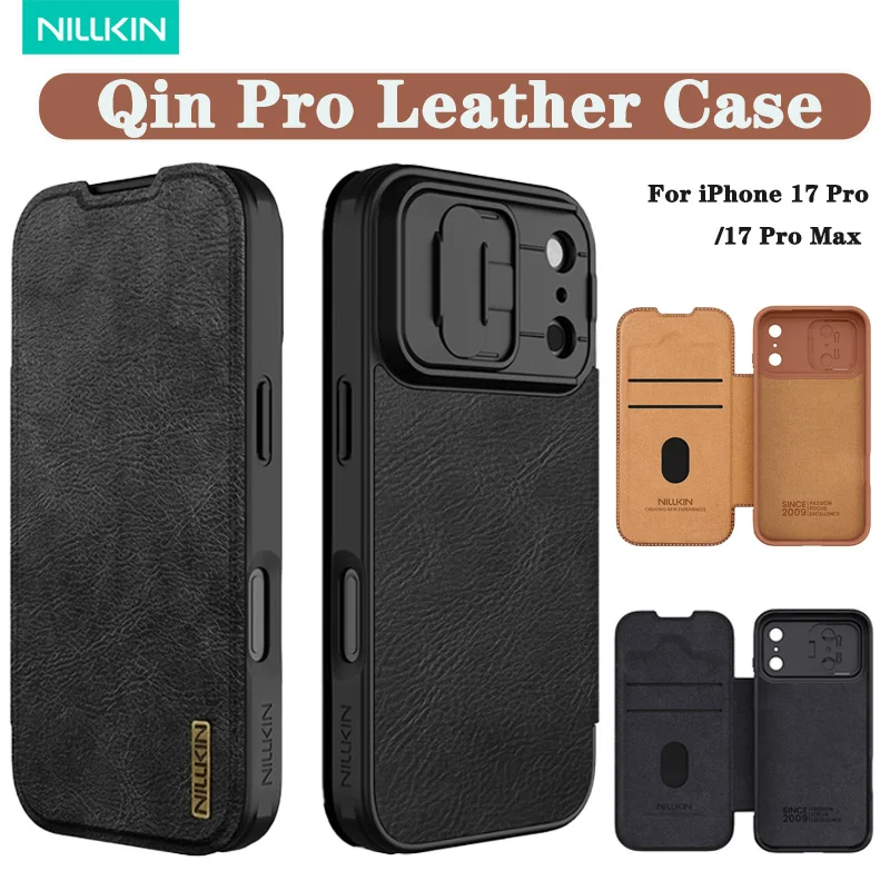 

Кожаный чехол Nillkin QIN Pro для iPhone 17 Pro/Pro Max с раздвижной защитой линз, откидной простой чехол для телефона в деловом стиле