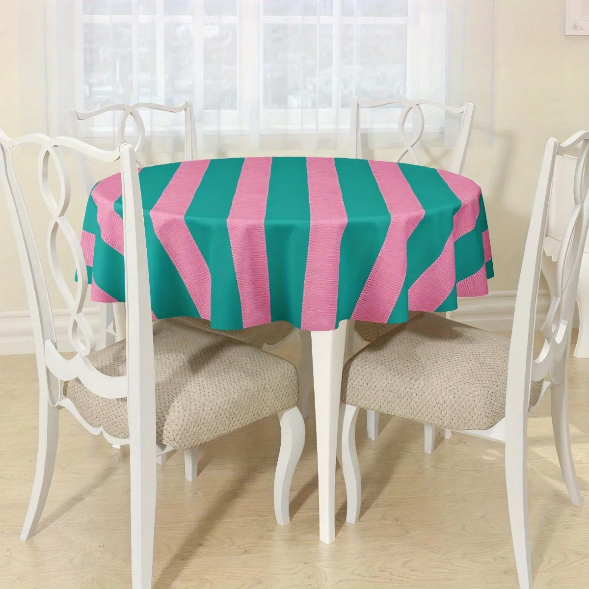 One green and pink striped polyester tablecloth, suitable for dining tables and coffee tables