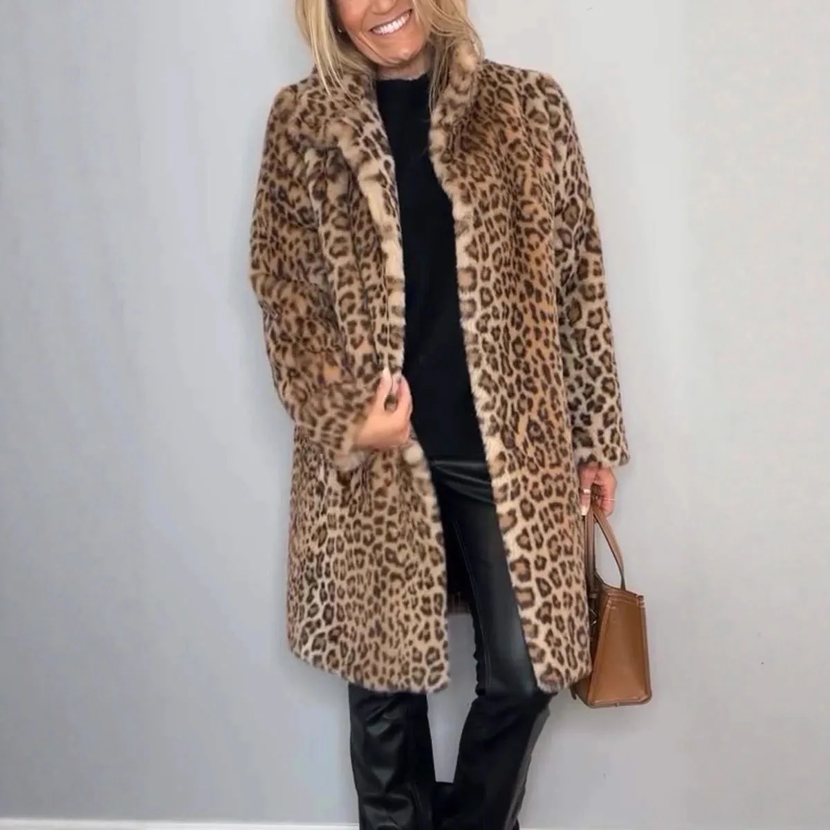 

Autumn Winter 2025 Fashion Women Leopard Print Midi Length Coats Cardigan Turn Down Collar Keep Warm Jackets Thick Long Coat