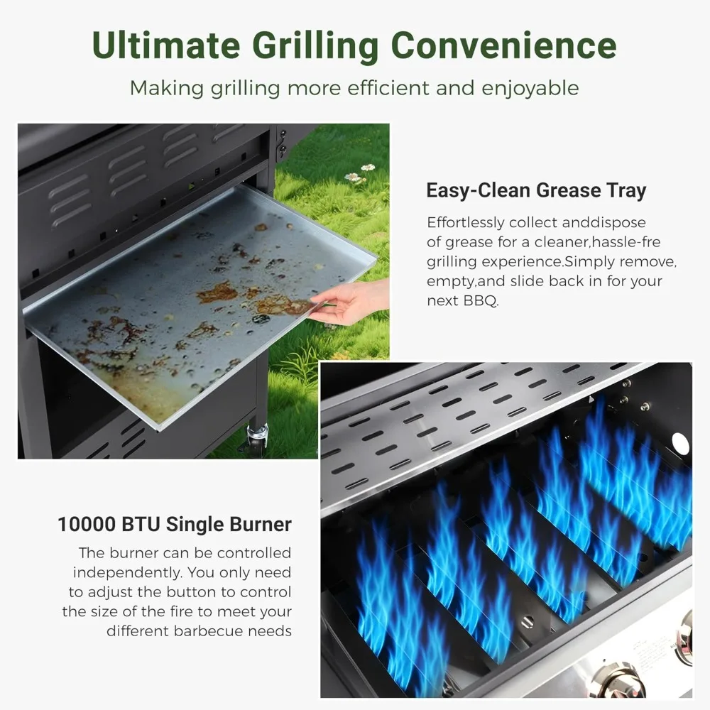 4-Burner Propane Gas BBQ Grill, Upgraded 40,000 BTU Stainless Steel Barbecue Grill with Foldable Side Tables, Spice Rack