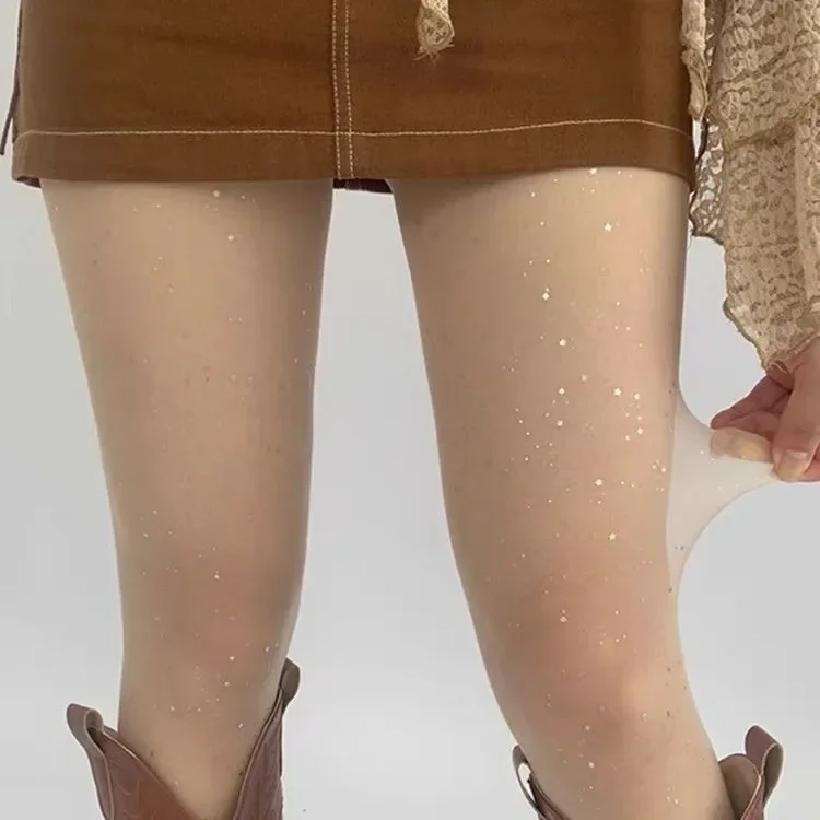 Sexy Glänzende Pailletten Damen Transparente Elastische Strumpfhosen Lange Beine Koreanischer Y2K Stil Schwarze Hautfarbene Damen-Strumpfhosen Glitzernde Medias – Detail 3