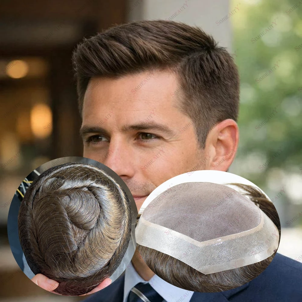 

Indian Virgin Hair Human Hair Bald Man Toupee Mono Top PU Natural Hairline Hair Replacement Prosthesis #2 #4 European Brown Hair