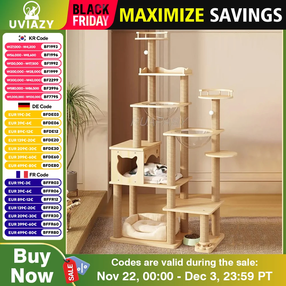 Large Multi-Level Cat Tree Wood Climbing Shelf Space Capsule Post Condo Sisal Cat Tree Scratching Jumping Platform Perch Tower