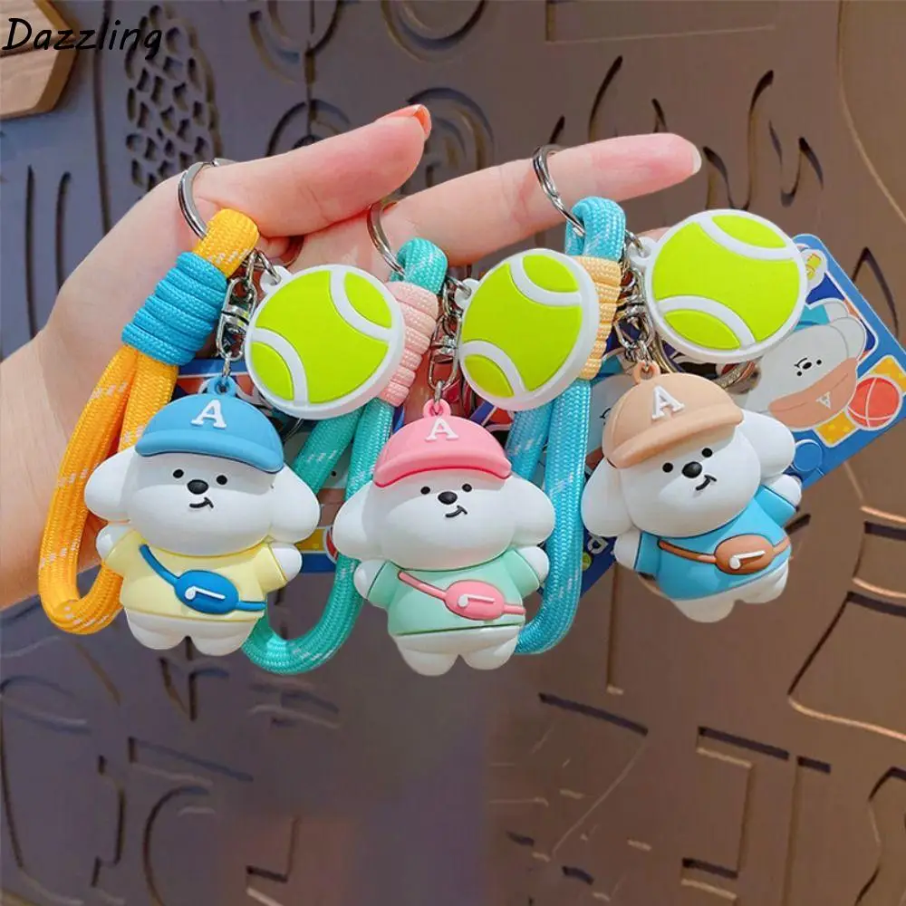 

Portable Cartoon Tennis Rookie Dog Keychain Animal Creative Sports Puppy Keychain Cute PVC Car Key Ring Children