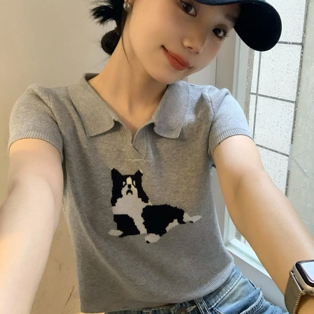 2023New Korean Polo Neck T-shitr For Women Casual Short Sleeve Top Women's Summer Thin Knitted Shirt Female Dog Print Tees Trend