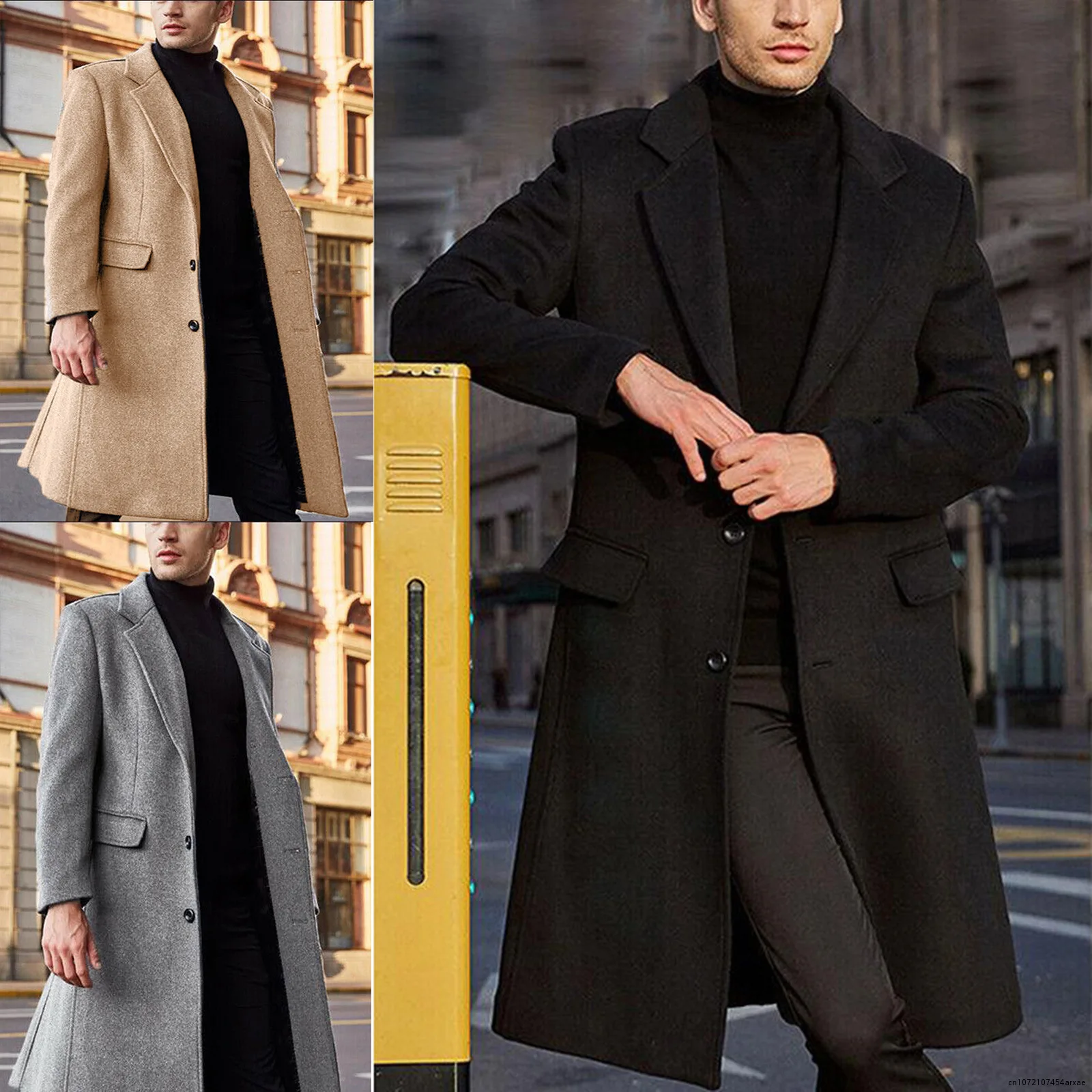 Jaket wol panjang pria, pakaian luar musim dingin warna polos lengan panjang, mantel wol pakaian jalanan elegan musim gugur untuk pria