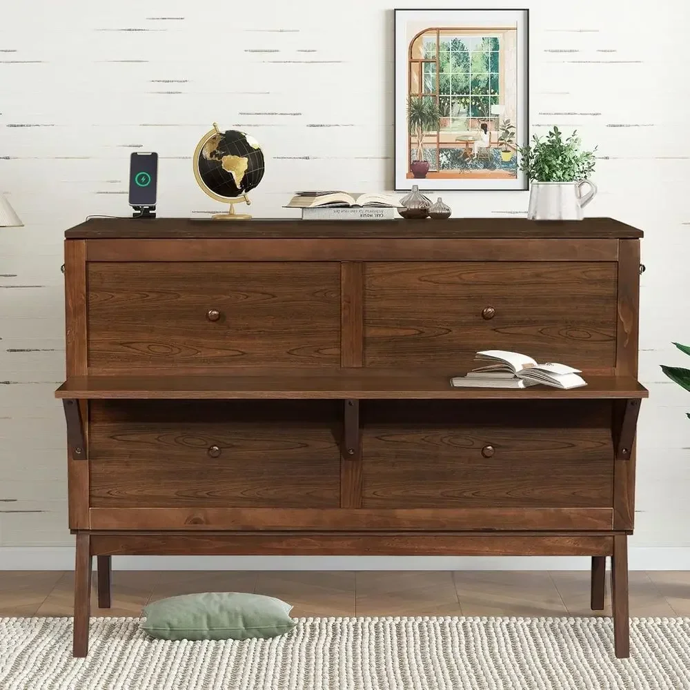 Wall-Mounted Queen Murphy Bed with Desk, USB Ports, and Side Shelves - Ideal for Small Spaces in Walnut Finish
