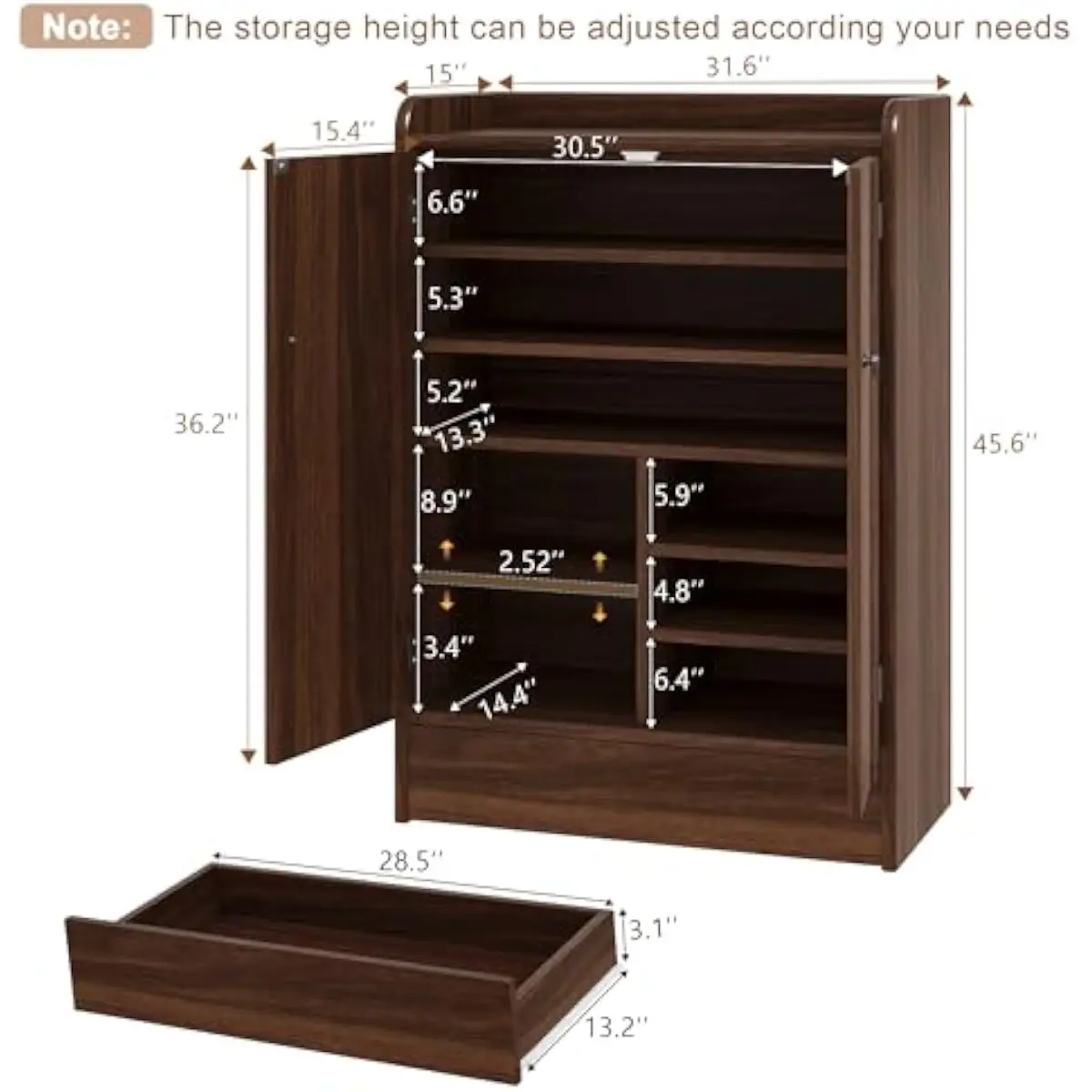 6-Tier Freestanding Shoe Cabinet with Kick-Open Drawer and Adjustable Shelves | 46.6 Inch Tall Natural Wood Grain Organizer for