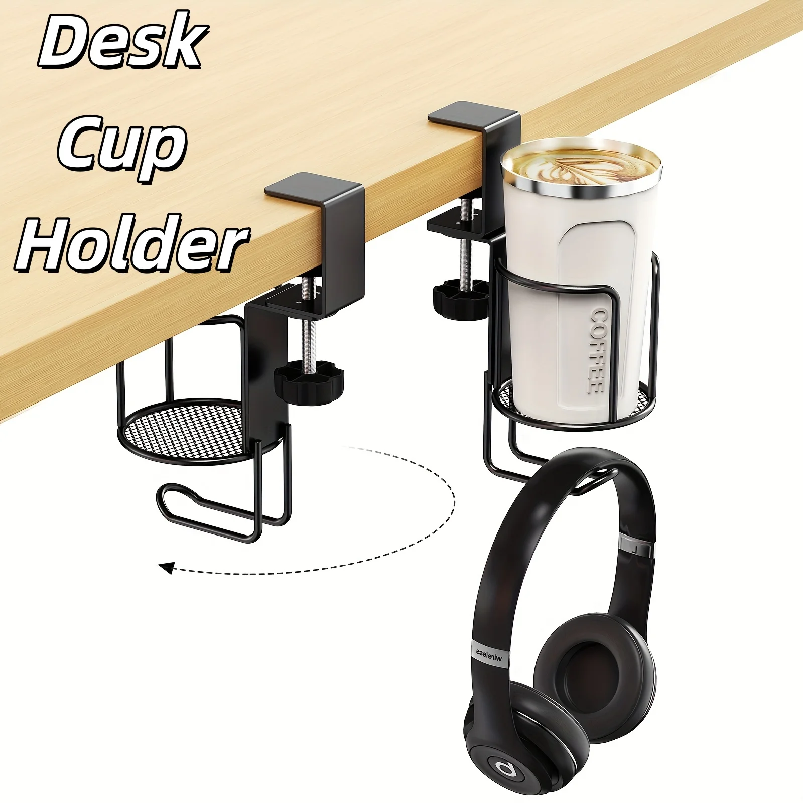 360 Degree Rotating Office Desktop Cup Holder 2in1 Desk Cup Holder Adjustable Table Edge Clamp Anti-Fall Cup Stand With Hooks