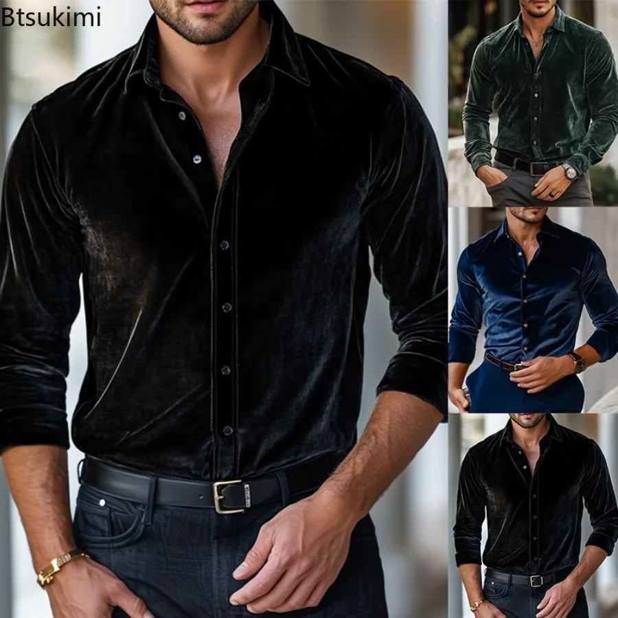 Vintage Men Dress Shirt Tops New Autumn Winter Business Casual Solid Color Shirts Men Clothing Classic Button-up Lapel Cardigans