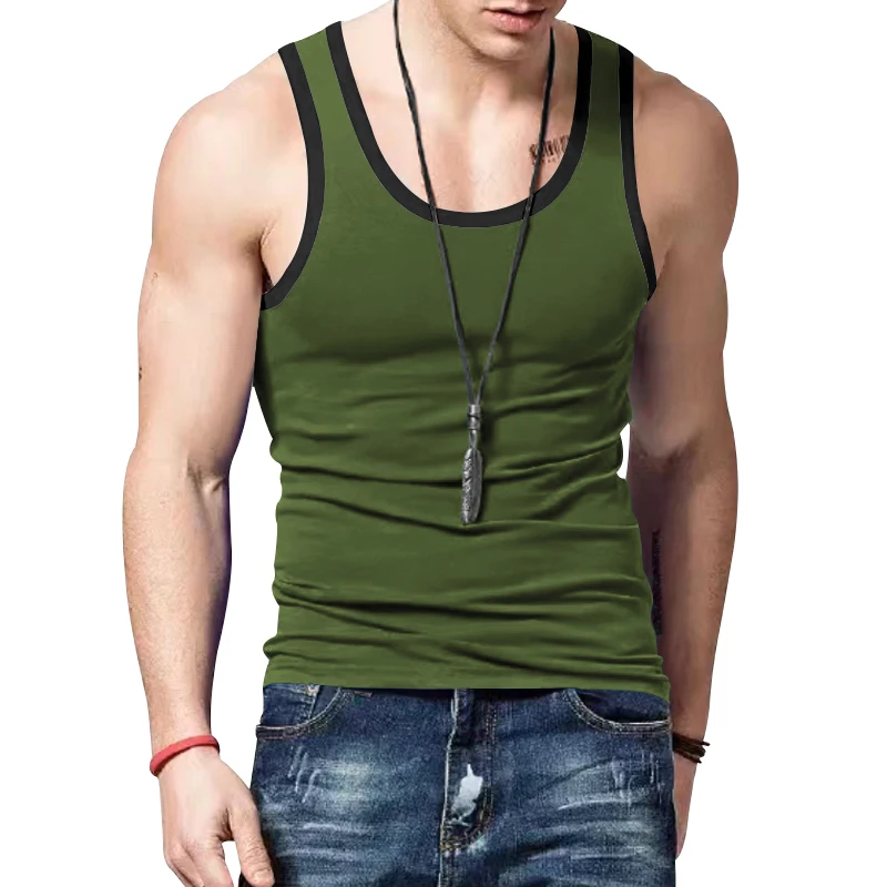 Men\'s Tank Top Pure Cotton Youth Summer Elastic Tight Sports Breathable Sleeveless Bottom Sweatshirt Slim Fit Contrast Color Tre