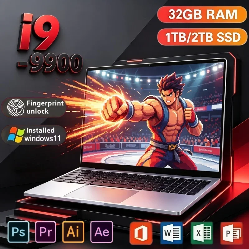 15.6" Intel I9 9900 Ultra Slim Laptop 32GB RAM 2TB SSD Windows11 Fingerprint Unlock Notebook For Daily Office Home Game Use