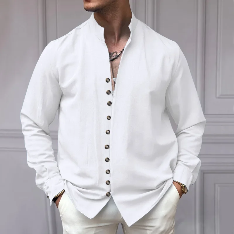 Men's Shirt Casual Loose Version Fashion Comfortable Standing Collar Long Sleeve Top Classic Button-down Streetwear Linen