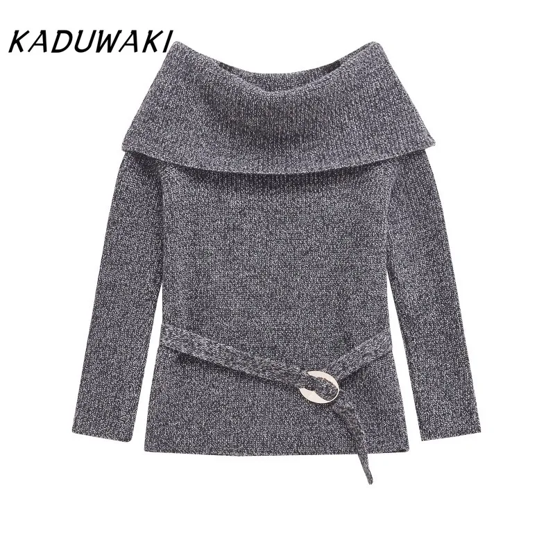 KADUWAKI Elegant Off Shoulder Cropped Sweater Autumn Ribbed Knitted Long Sleeve Slim Knitwear Pullover with Belt Кофта Женская