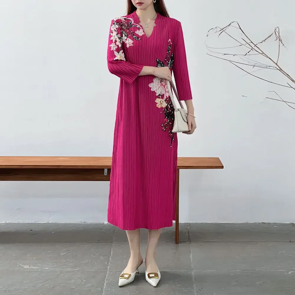 

Spring 2024 pleated women's dress new nail bead light luxury style waist cinching dress vestidos de mujer