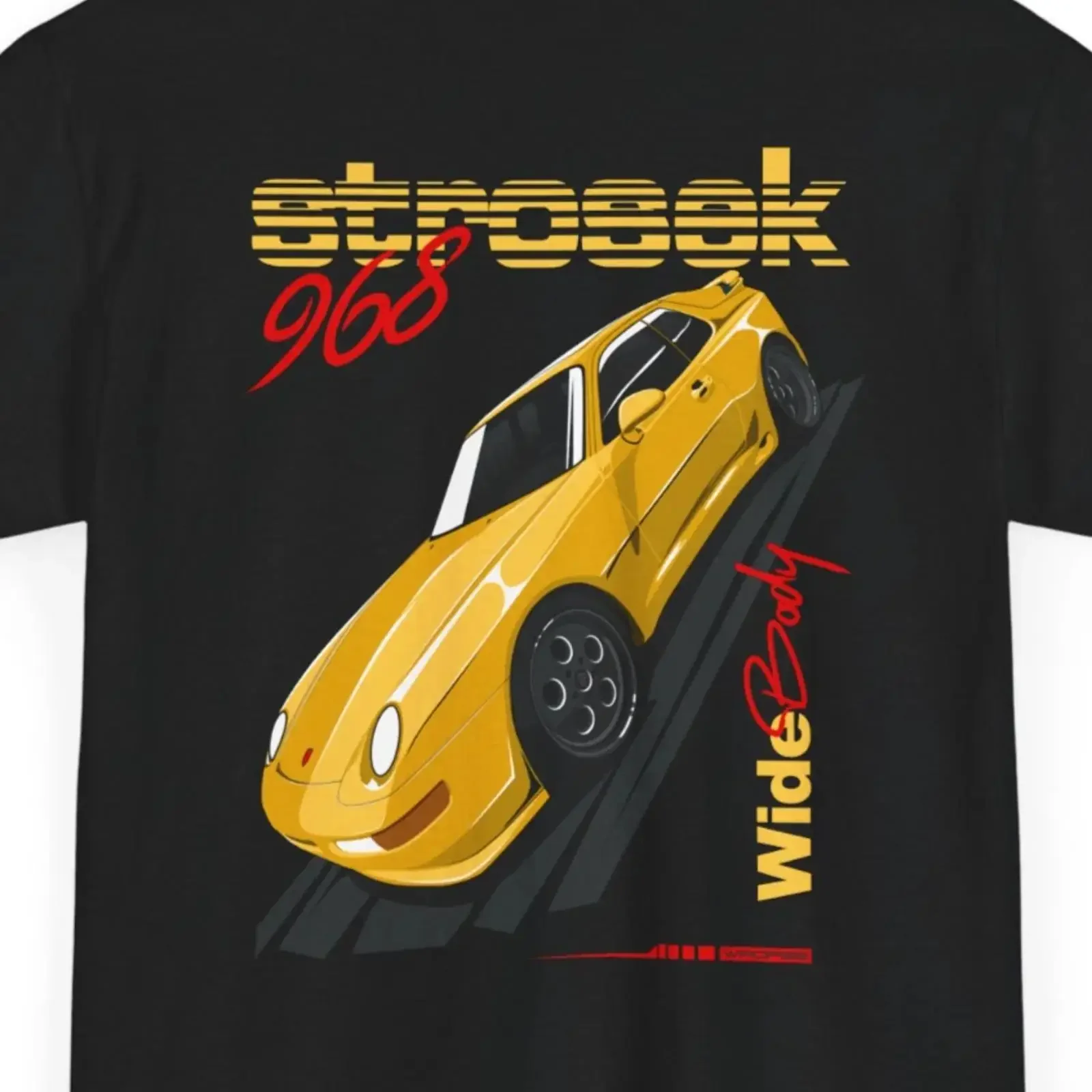 Strosek Style 968 T-Shirt, breiter Karosserieaufbau, modifiziertes Sportauto für Enthusiasten, Bild 1 von 4, Vintage-Look, gewaschene Optik, dehnbares Material, grafisches Design.