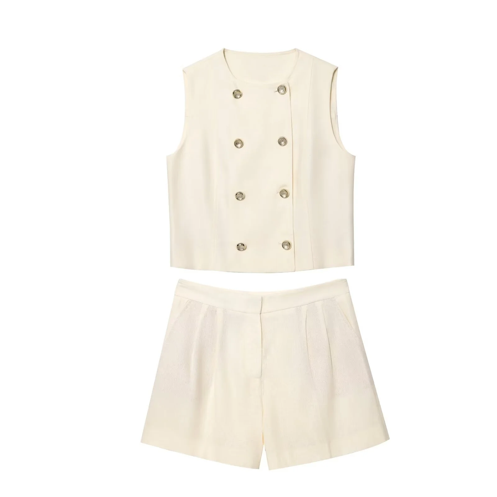 

PB&ZA2025 summer new women's casual fashion round neck double breasted vest vest with pleated casual shorts
