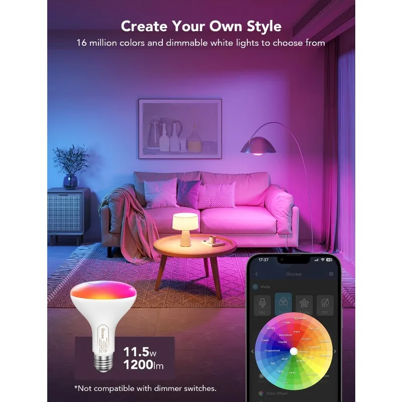 1200 Lumen Dimmable BR30 Bulb, WiFi and Bluetooth LED Bulb, 16 Million Colors, 6-Pack