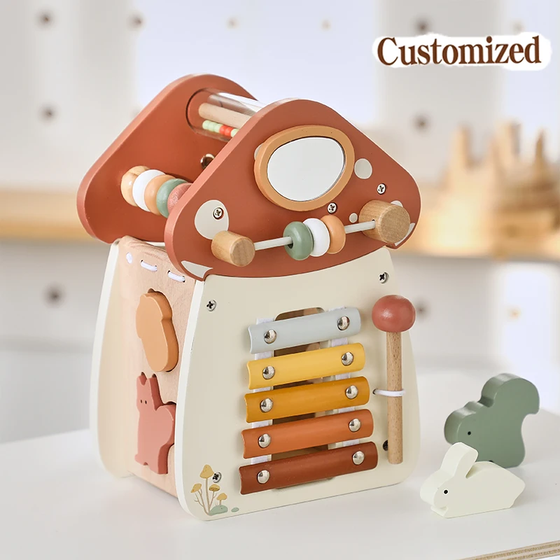 Custom Montessori Mushroom House Toy Wooden Percussion Music Toy Unlock/Place/Shape Match Game Finger Sensory Education Kid Gift