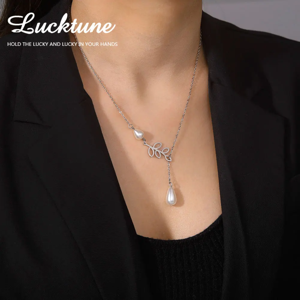 Lucktune Leaf Faux Pearl Drop Clavicle Chain Necklace for Women Stainless Steel Bohemian Pearl Chocker Necklace Jewelry Gift New