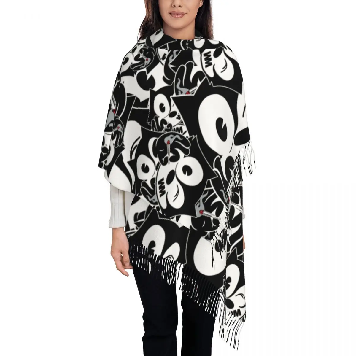 

Напечатанный на заказ шарф Up In Smoke Felix The Cat для мужчин и женщин, зима-осень, теплые шарфы, забавные мультяшные аниме, милые шали, накидки