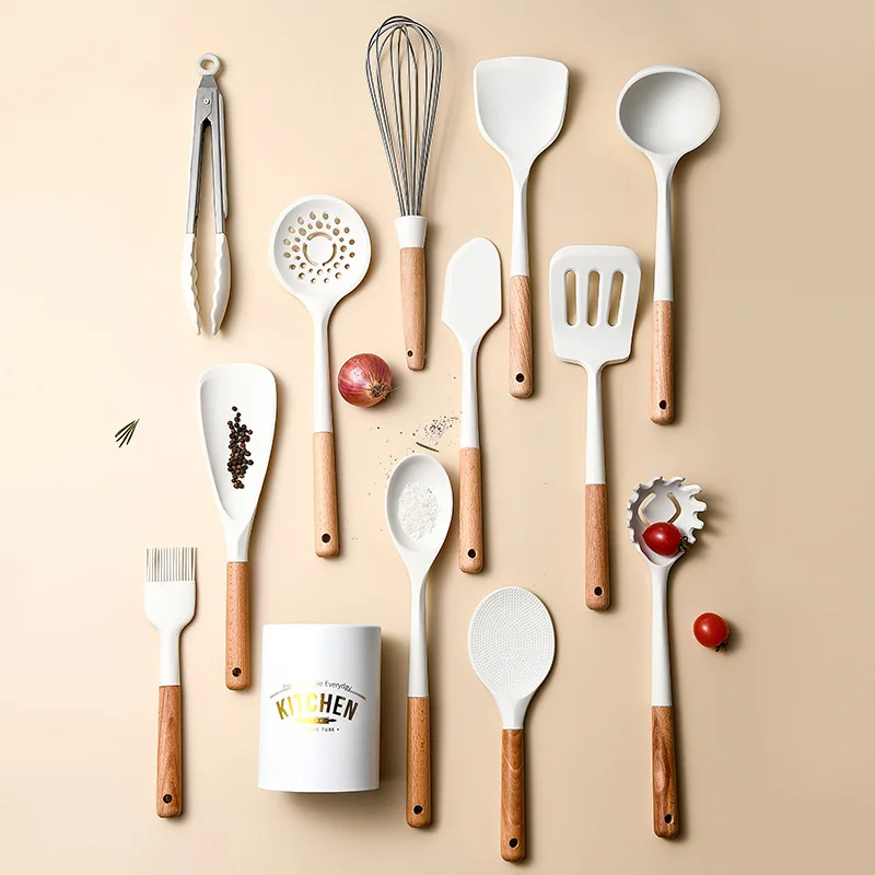 New silicone kitchenware set with short wooden handle, non stick pot, spoon, spatula, food clip, scraper, oil brush creamy white