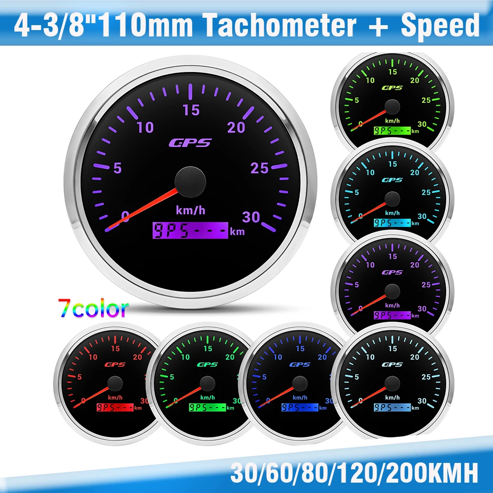 Customiz 110mm GPS Speedometer With GPS Antenna 30/60/120/200Kmh 7 Colors Speed Gauge Odometer For 12V 24V Car Marine Boat Truck