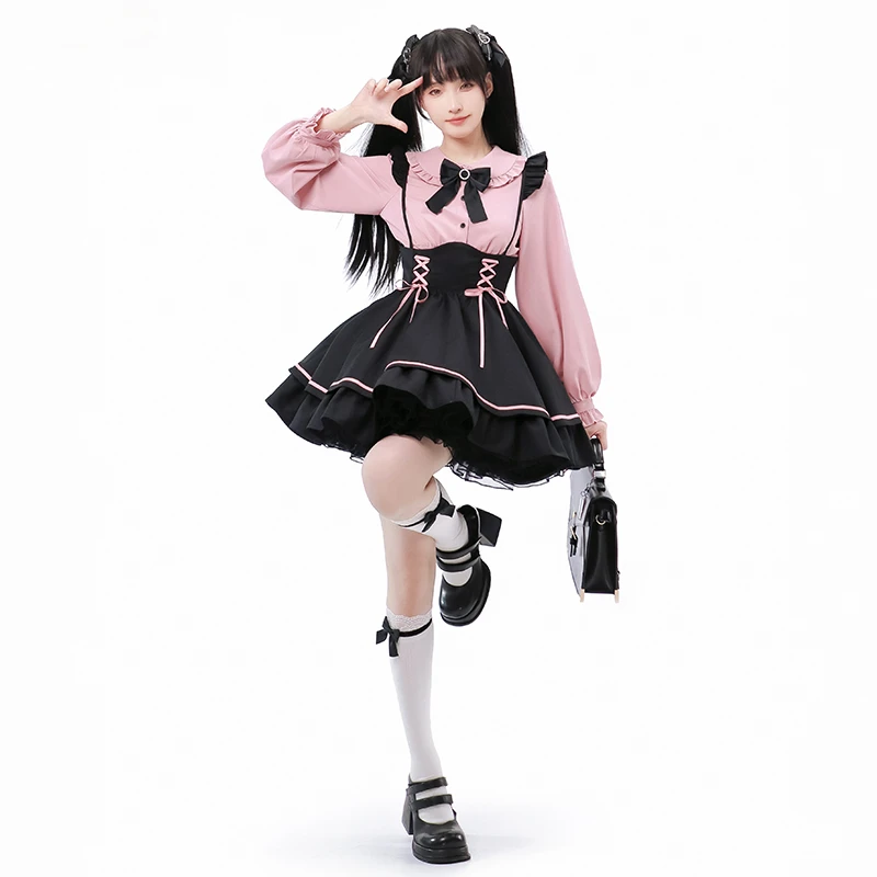 Gothic Stil Lolita JK Rock Set Frauen Kawii Peter Pan Kragen Bogen Bluse Schlank Bandage Hosenträger Rock Weibliche Japanische Süße Anzug