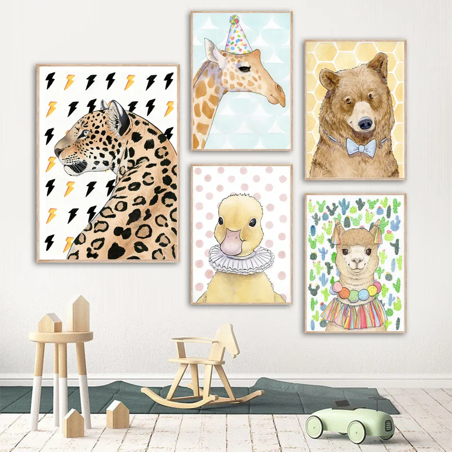 Lion Cheetah Giraffe Fox Bear Children Illustration Kids Wall Art Canvas Painting Posters And Prints Pictures Nursery Room Decor