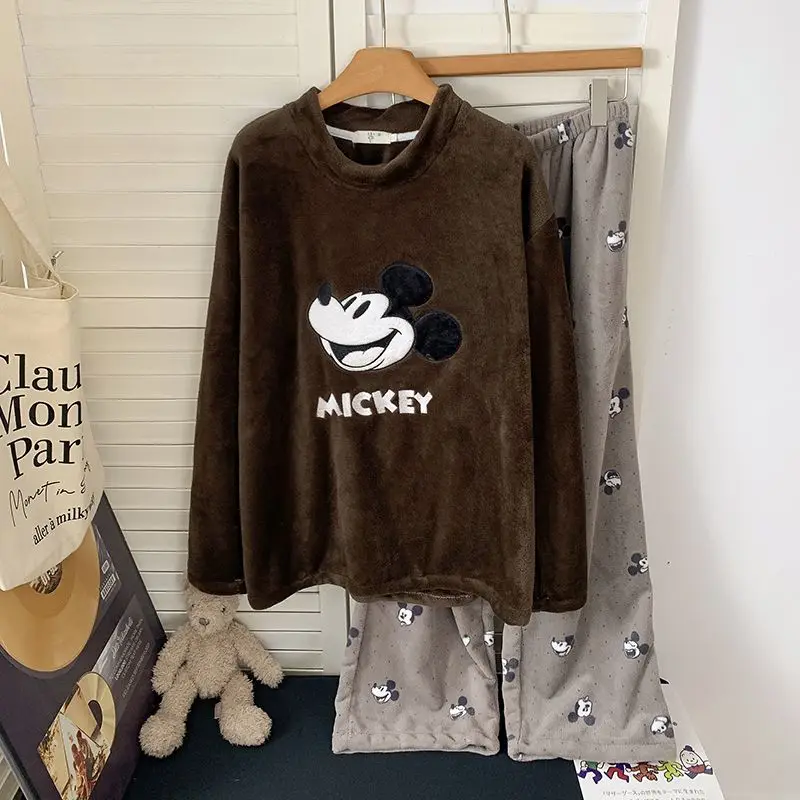 

Пижамный комплект с вышивкой Микки Мауса, темно-коричневый, из плюшевого флиса, с воротником-стойкой, серые брюки с принтом Микки, мягкий, теплый, в стиле Y2K, для дома и отдыха