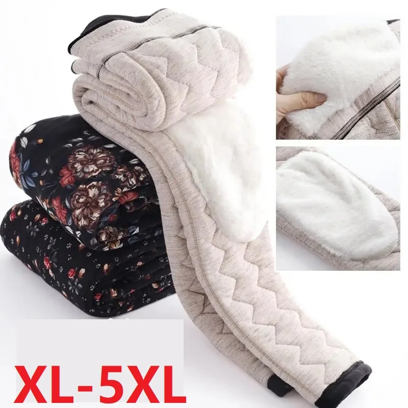W średnim wieku starsze kobiety spodnie bawełniane nowa drukowana zima wielbłąd włosy ciepłe spodnie bawełniane Casual Stretch mama spodnie legginsy 5XL
