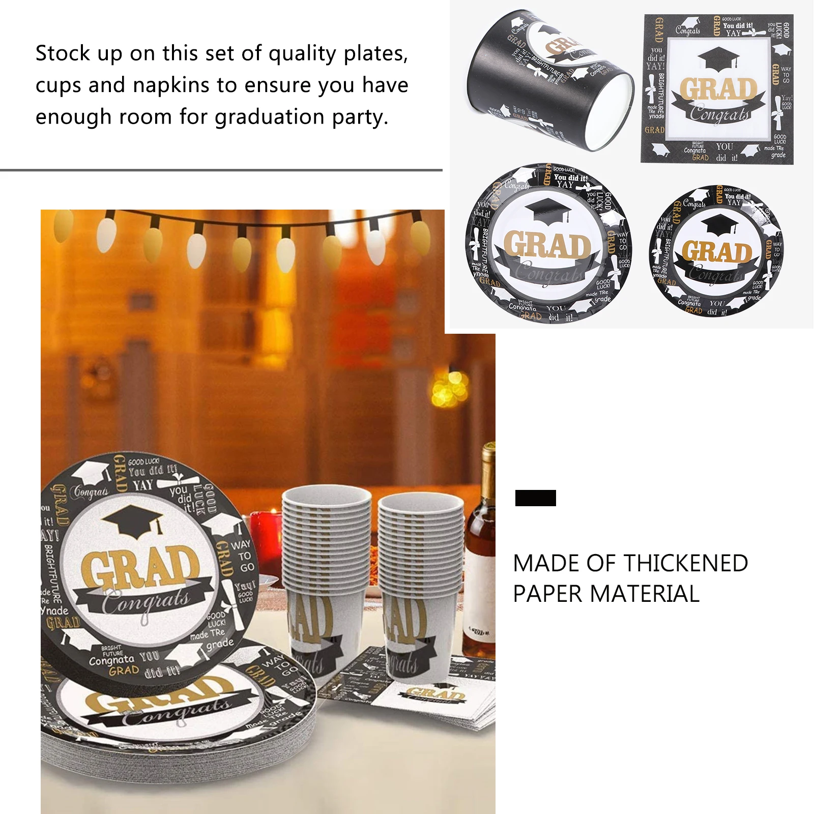 

Black Graduation Party Tableware Set 2021 Disposable Plates Cups Napkins Quality Chic Design Celebrate Season Practical