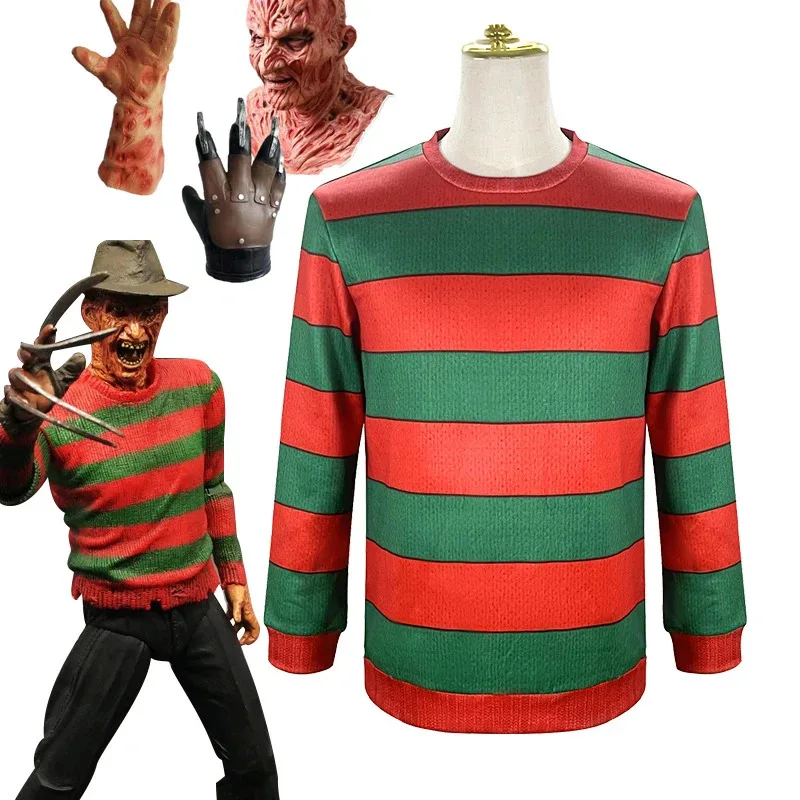 

♥2026 New Freddy Cosplay Costume Adult Red Green Striped Top Suit Freddie Krueger Halloween Party Stage Performance ♥♥★