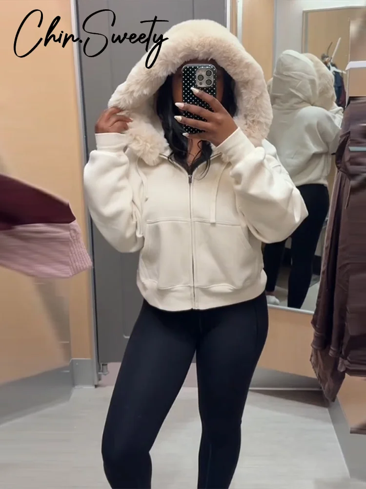 

Повседневная меховая лоскутная женская толстовка на молнии с длинными рукавами и карманами, свободная женская толстовка 2026, весенняя шикарная женская уличная куртка, новинка