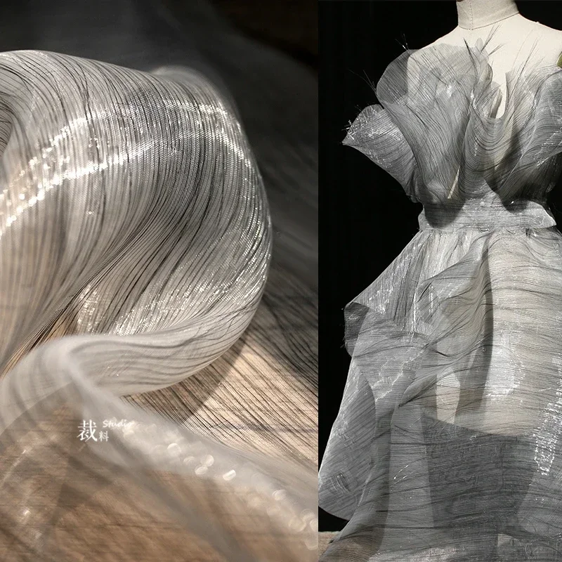 Original black and white perspective texture organza fabric skirt Hanfu gift clothing designer fabric