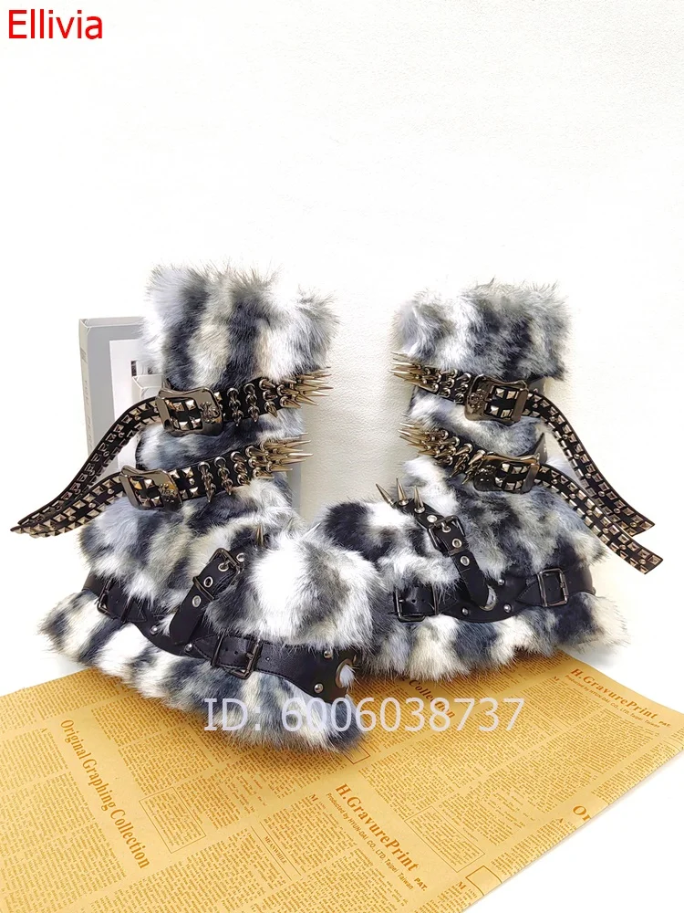 Women Fur Mid Calf Boots Tie Dye Fluffy Plush Multi Leather Straps Metal Spike Stud Decor Buckle Fashion Winter Party Footwear