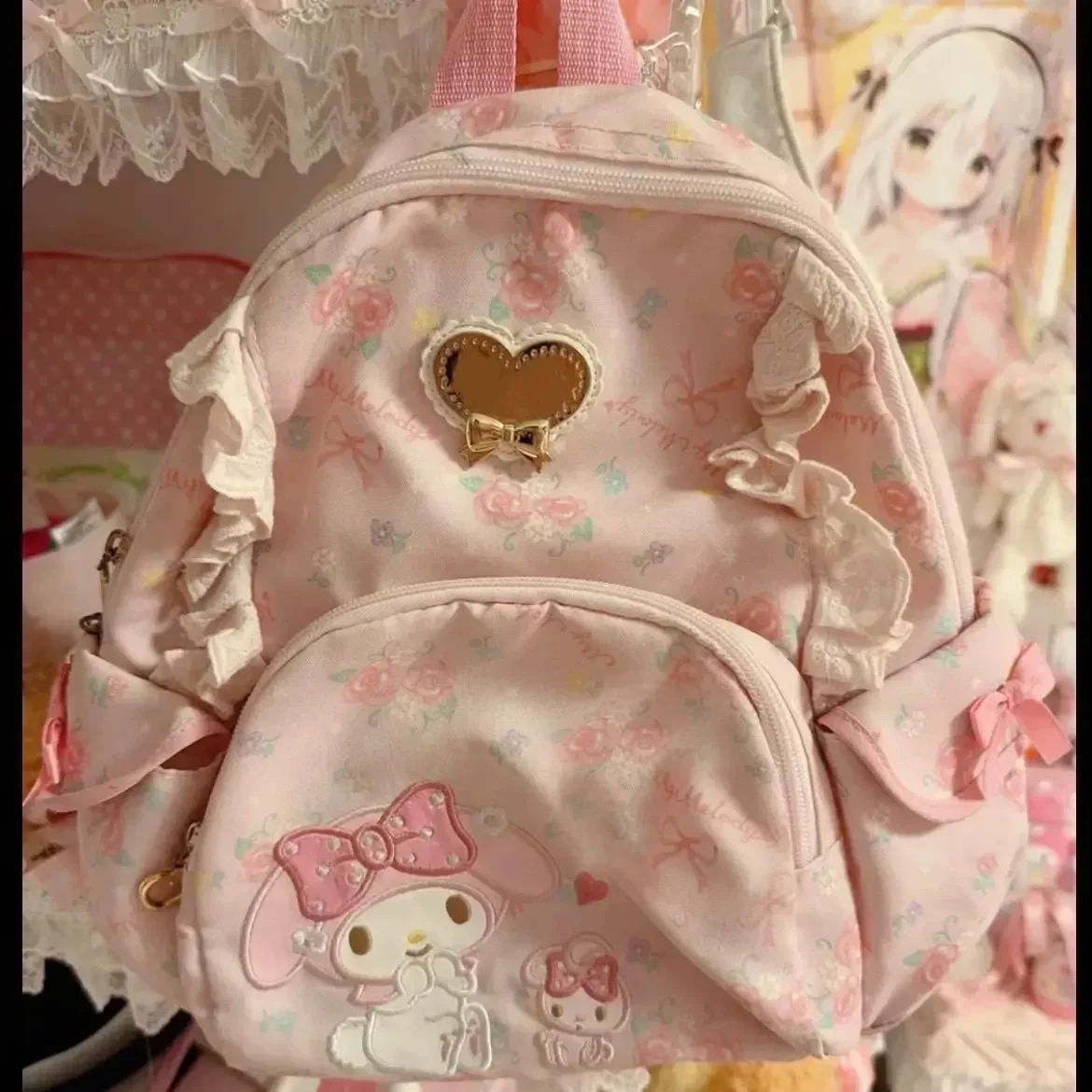 New  My Melody Backpack Cute Girl Heart Student Canvas Embroidered Backpack Cartoon Anime Fresh Floral Dopamine Backpack