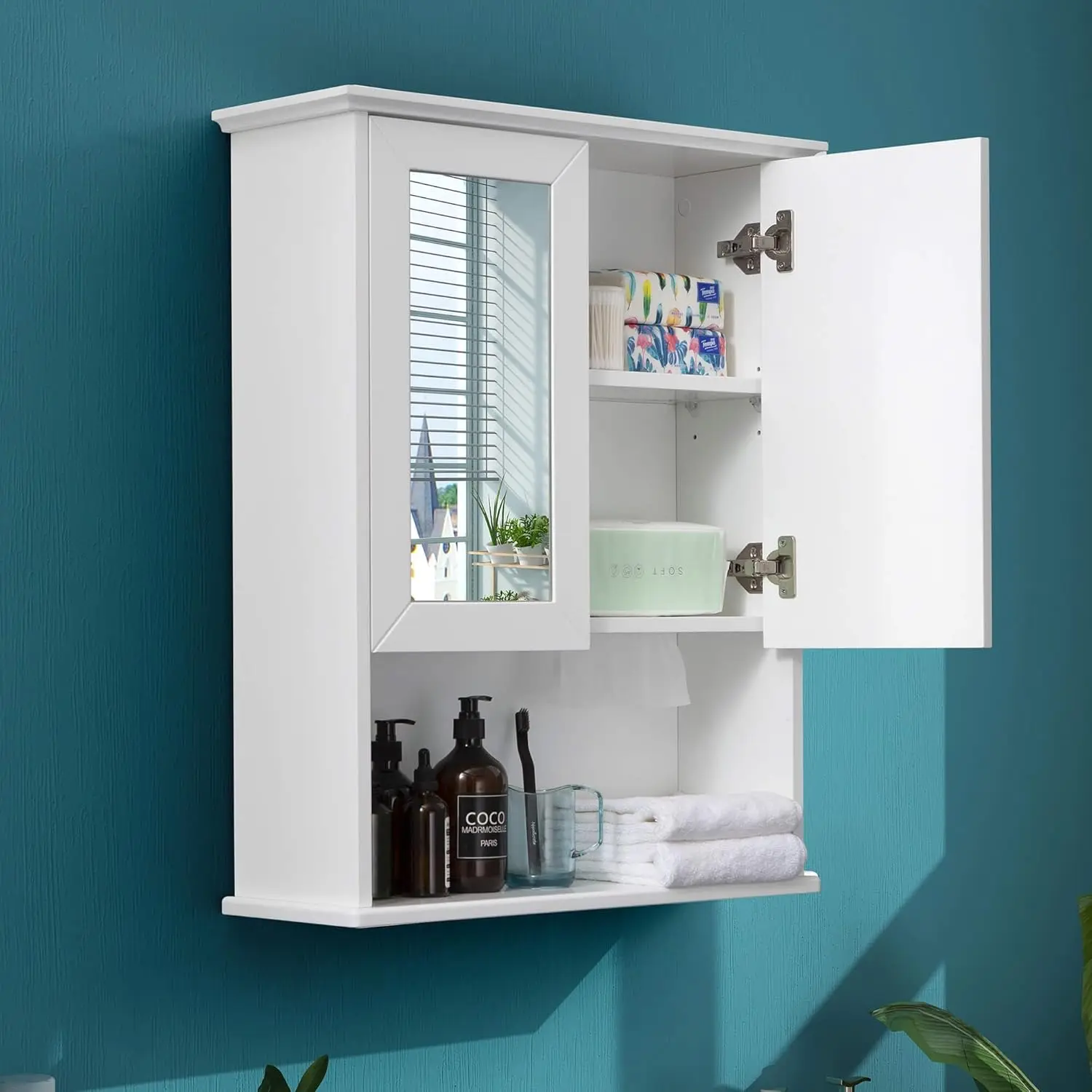 Double Mirror Doors Wooden Medicine Cabinets Paper Towel Slots 23x29 Inches Over Toilet Storage Buffer Hinge Adjustable Shelves