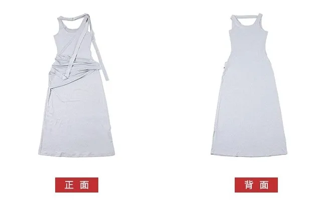 Grey Large U-Neck Pure Cotton Dress For Women, Casual And Comfortable, With Irregular Waistband And Slimming Long Skirt