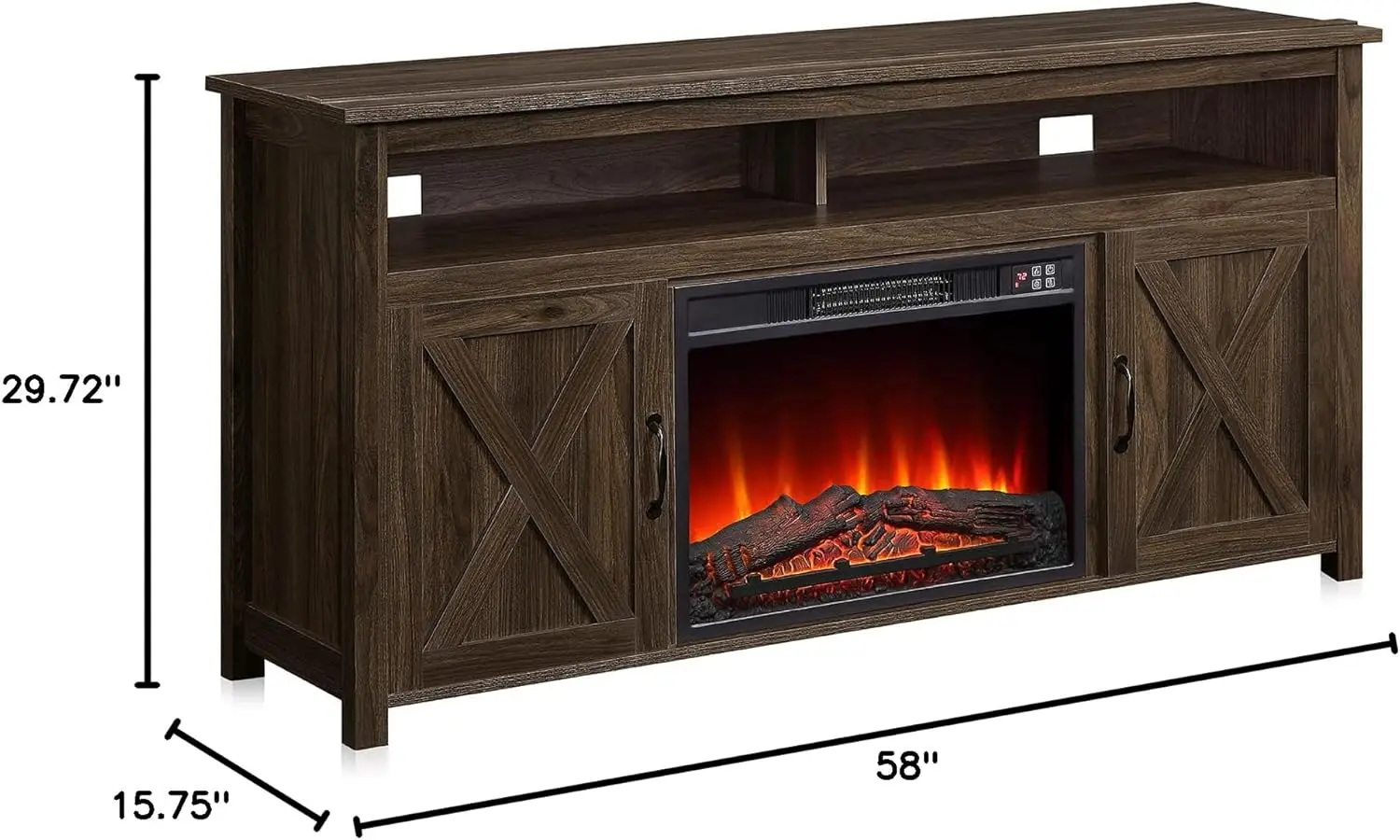 BELLEZE Barn Door Wood Electric Fireplace TV Stand for TVs up to 65 Inches Open Shelves and Cabinets Media Entertainment Cente