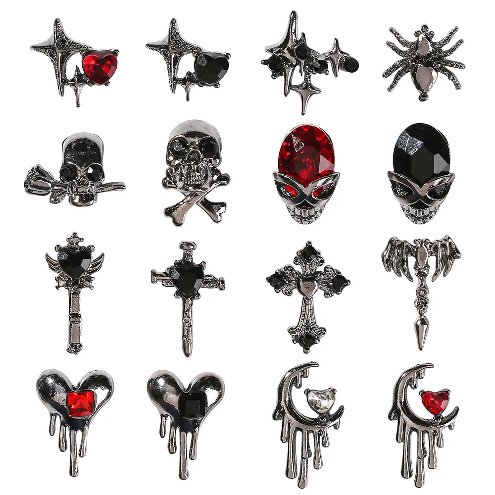 Gothic Punk Alloy 3D Nail Charms, Strass, Crystal Decor, Coração, Crânio, Cruz, Aranha, Acessórios de Jóias, Luxo, Halloween