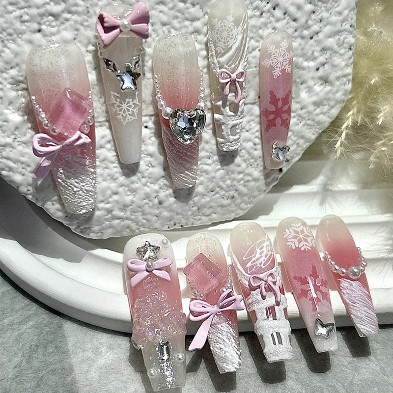 10 Pieces Cute Princess Pink Blush Bow Handmade Press On Nails Glitter Diamond Plaster Plaid Fake Nails Removable Reusable